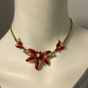 Coro vintage necklace red flower with crystals
